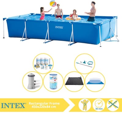 Intex Rechthoekig Frame Zwembad - 450 x 220 x 84 cm - Blauw - Inclusief Onderhoudspakket - Zwembadfilterpomp - Filter - Grondzeil - Schoonmaakset - Solar Mat - 7-delig