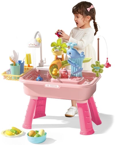 Roze Watertafel met pomp voor peuters 1–3 jaar, speelkeuken met werkende elektrische wasbak voor kinderen 4–8 jaar, inclusief speelgroenten, bestek en visspel