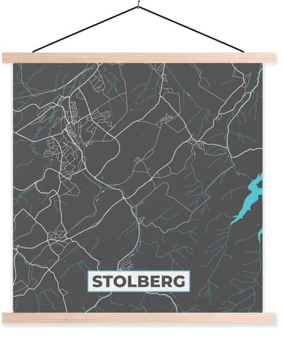 Posterhanger incl. Poster 40x40 cm - Schoolplaat - Blauw – Duitsland – Plattegrond – Stadskaart – Kaart – Stolberg - Textielposter - Blanke latten - Stadskaart