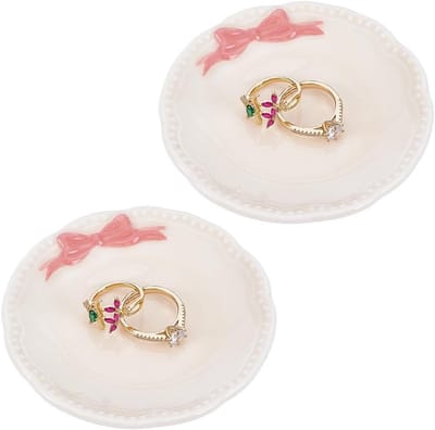 Ceramische Ringhouder Schaal met Roze Strik, Decoratieve Sieraden Organizer voor Oorbellen, Kettingen en Ringen op Dressoir of Vanity