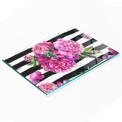 Keukenplank van gehard glas met decoratieve afbeelding van roze pioenrozen, 80x52 cm