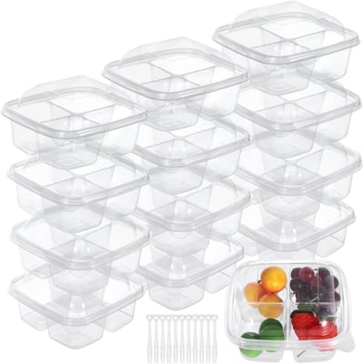 Duidelijke plastic voedseldozen met 200 plastic vorken, 4 compartimenten voor snacks, fruit en yoghurt, lekvrije bewaardozen met deksel, ideaal voor schoollunches en picknicks