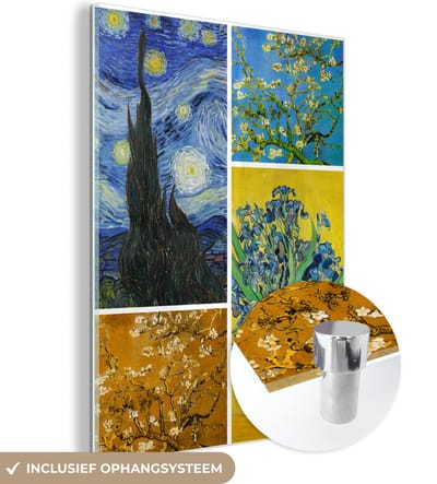 MuchoWow® Glasschilderij 30x40 cm - Schilderij acrylglas - Collage - Van Gogh - Sterrennacht - Foto op glas - Schilderijen
