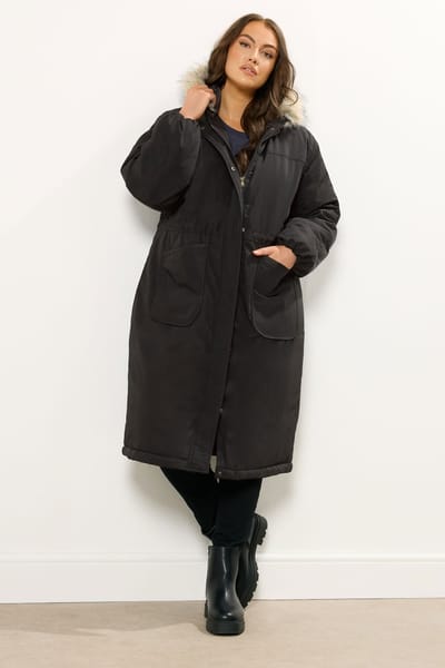 Yours Zwarte Lange Luxe Parka Jas Size 42