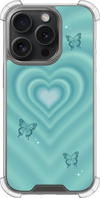 Shockproof hoesje - Geschikt voor iPhone 15 Pro - Retro hart vlinder - Extra sterke case - TPU/polycarbonaat - Print / Illustratie - Blauw, Transparant