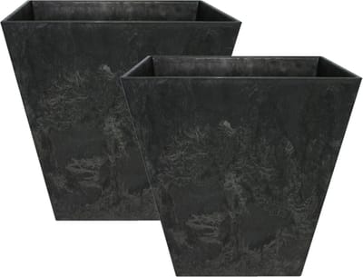 Ter Steege Bloempot/plantenpot - Set van 2x stuks - vierkant - gerecycled kunststof - zwart - D15 en H15 cm