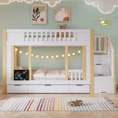 Wishdor Kinderstapelbed 90 x 200 cm – Opbergtrap en 3 Lades op Wielen – Inclusief Krijtbord – Stevige Multiplex Lattenbodems – FSC-gecertificeerd – Geschikt voor Creatieve Kinderslaapkamer – Grenen, MDF en Spaanplaat – Wit en Naturel