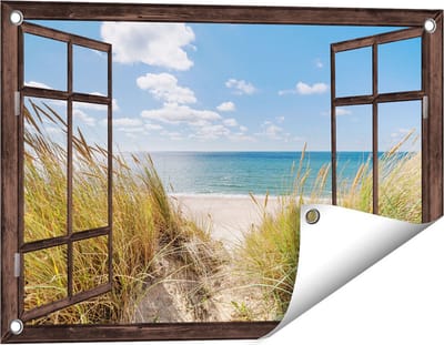 Gards Tuinposter Doorkijk Strand en Zee vanuit Duinen - 60x40 cm - Tuindoek - Tuindecoratie - Wanddecoratie buiten - Tuinschilderij