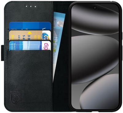 Rosso Deluxe Echt Leer Hoesje Geschikt voor Google Pixel 10 Pro XL | Ruimte voor drie pasjes | Portemonnee Book Case | Met Pasjeshouder | Zwart