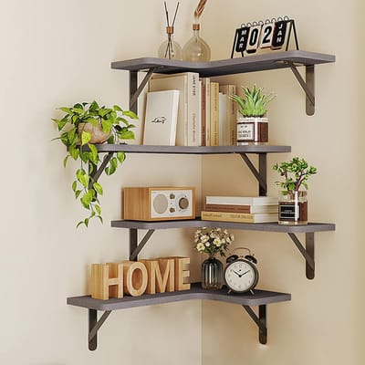 Hoekplanken van hout, 4-delige set, wandmontage, hoekrek, metalen stangen, rekken voor slaapkamer, woonkamer, keuken, badkamer, ruimtebesparende boekenkast (eiken)