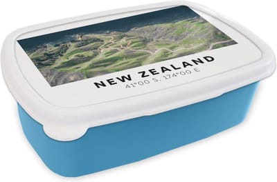 Broodtrommel Blauw - Lunchbox - Brooddoos - Nieuw Zeeland - Water - Groen - Strand - 18x12x6 cm - Kinderen - Jongen