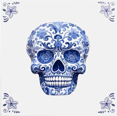 Delfts blauw tegeltje schedel design - delfts blauw wandbord - delftsblauw - hollandse cadeautjes - wanddecoratie - decoratieve accessoires