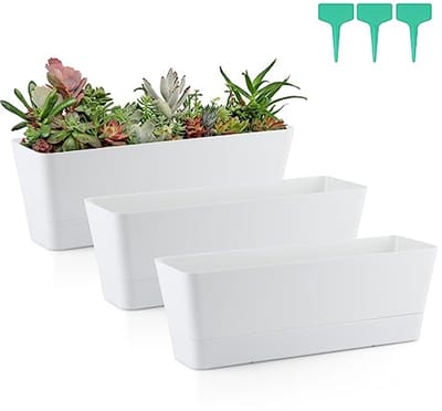 SnelShoppen - Set van 3 Kleine Rechthoekige Bloempotten, Plastic Plantenbakken, Tuinpotten voor Succulenten, Kruidens, Cactussen - Wit - Perfect voor