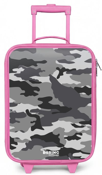 NoBoringSuitcases.com® - Kinderkoffer roze - Kindertrolley meisje - Camogrijs - Koffer kind lichtgewicht - Reiskoffer trolley voor kinderen - Koffertje met lichtgevende wieltjes - Rolkoffer