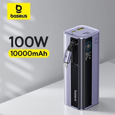 Baseus 100W 10000mAh Power Bank Ingebouwde intrekbare USB-C-kabel Draagbare PD externe batterij Power Bank voor Samsung iPad iPhone 100W Grey
