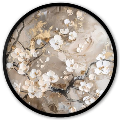 Poster in lijst Rond - Fotolijst 40x40 cm - Posters - Bloemen - Wit - Goud - Beige - Luxe - Ronde posterlijst zwart - Decoratie - Wanddecoratie woonkamer - Muurdecoratie slaapkamer