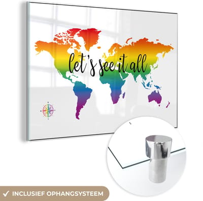 ® Glasschilderij 150x100 cm - Schilderij acrylglas - Wereldkaart - Regenboog - Kompas - Foto op glas - Muurdecoratie woonkamer - Wanddecoratie slaapkamer - Schilderijen