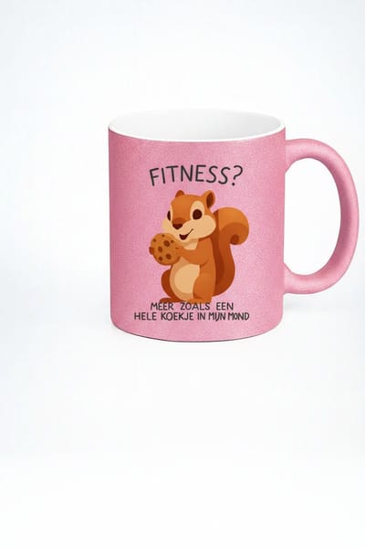 “Fitness? Meer Zoals Een Hele Koekje In Mijn Mond” 330ml Roze Glitter Koffiemok – Grappige Eekhoorn Design – Leuk Cadeau voor Zoetekauwen