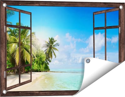 Gards Tuinposter Doorkijk Tropisch Strand bij de Licht Blauwe Zee - 60x40 cm - Tuindoek - Tuindecoratie - Wanddecoratie buiten - Tuinschilderij