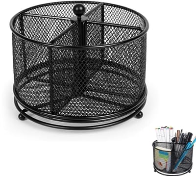 1 stuk - 360° draaibare multifunctionele pennenhouder – cosmetica opbergdoos – bureau organizer – bestekrek – geschikt voor keukens, feestjes, kamperen, picknicks, kleedkamers en als bureauaccessoire - 4 gaasvakken (zwart)