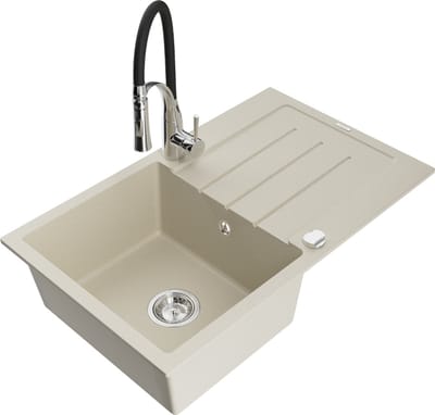 Mexen Bruno granieten spoelbak met 1 kom en afdruiprek en Aster keukenkraan, beige - 6513-69-73450-07