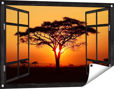 Gards Tuinposter Doorkijk Zonsondergang Achter een Savanne Boom - 90x60 cm - Tuindoek - Tuindecoratie - Wanddecoratie buiten - Tuinschilderij