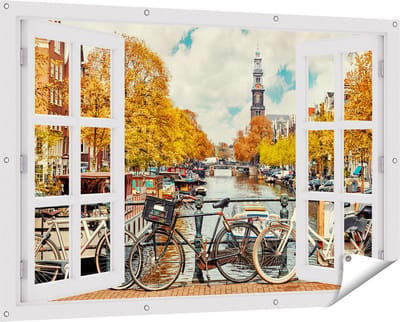 Gards Tuinposter Doorkijk Amsterdamse Brug bij een Brug met Fietsen - 150x100 cm - Tuindoek - Tuindecoratie - Wanddecoratie buiten - Tuinschilderij