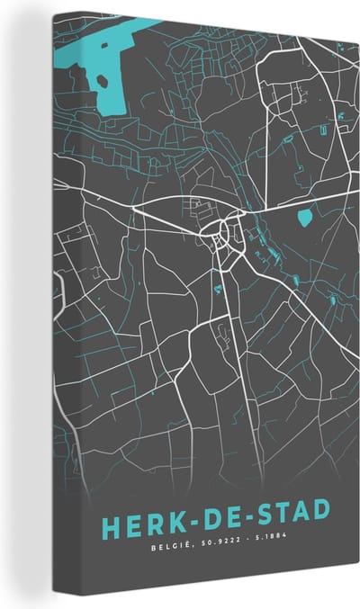 Canvas Schilderij Plattegrond – Herk de Stad – Blauw – Stadskaart - Kaart - 20x30 cm - Wanddecoratie