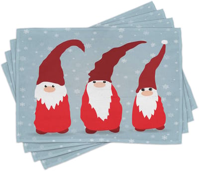 ABAKUHAUS Kabouter-placematten, grappige elfjes in kerstmanpak, Kerstthema in de winter met sneeuwvlokhumor, Tiscjdeco van kleurvaste stof voor eetkamer en keuken, vermiljoenrood, lichtblauw, robijnrood