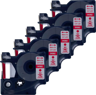 DULA Dymo D1 45802 Compatible label tape - 5 lettertapes - Rood op transparant - 19mm x 7m