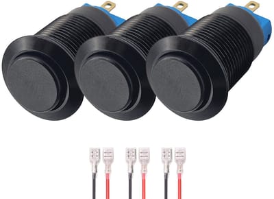 ProRide Mini Pulsschakelaar Normally Open - 12mm Metaal - 12V/24V - Bolle Knop - Met Kabels - Zwart - 3 stuks