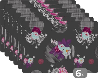 Placemat - Placemats kunststof - Rozen - Bloemen - Patronen - 45x30 cm - 6 stuks - Hittebestendig - Anti-Slip - Onderlegger - Afneembaar