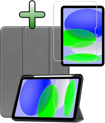 Hoesje Geschikt voor Apple iPad A16/A18 (2025/2026) - 11 inch (11e & 12e generatie) - Met Screenprotector - Trifold Bookcase - Hard Cover Case - Met Uitsparing Geschikt voor Apple Pencil - Hardcover Book - Tablet Hoes - Grijs