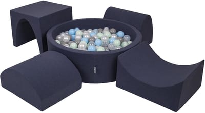 KiddyMoon schuimspeelplaats met rond ballenbad (200 ballen) ballenbakken voor baby's speelbad hindernisbanen, made in the eu, donkerblauw:pearl/grijs/transparant/babyblauw/minze