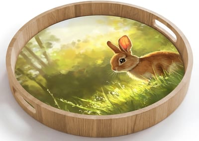Dienblad rond 40x40 cm - Schootdienblad hout - Konijn - Zonlicht - Bos - Borrelplank rechthoek - Plateau houten dienbladen