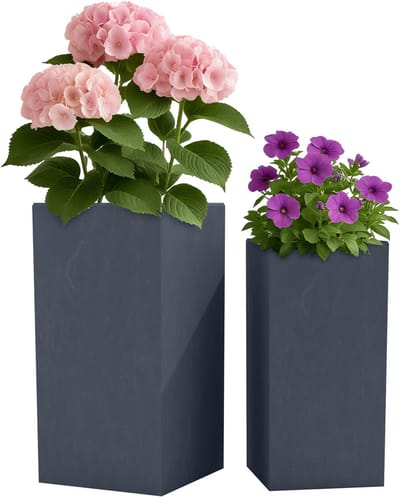 CLP Set van 2 vierkante bloempotten - voor binnen en buiten - weerbestendig vorstbestendig - steenlook - plantenbakken - fiberclay - antraciet
