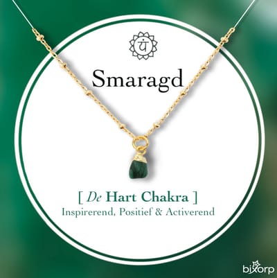 Bixorp Gems Ruwe Smaragd Hart Chakra Ketting - 18 Karaat Verguld Goud & Roestvrij Staal - 36cm + 8cm verstelbaar