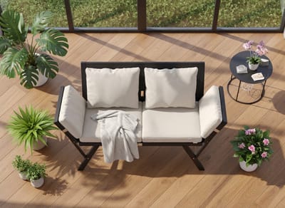 Luxe Polyrattan 2-in-1 Tuinbank met Reclinerfunctie, Verstelbare Armleuningen & Weerbestendige Kussens – 3 Persoons Terras, Balkon & Tuinbank Zwart UrbanHome