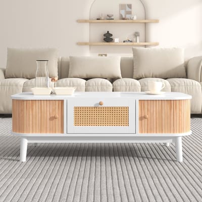 Gutent Salontafel, Wit, Rotan Laden, Massief houten latten schuifdeuren, Massief houten poten, natuurlijke landelijke stijl