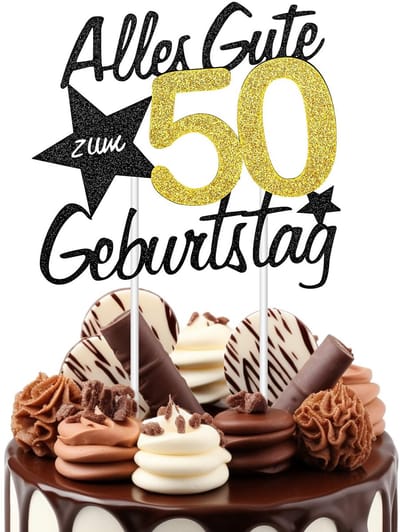 Dailygoods- Taartdecoratie 50e Verjaardag - Taarttopper - Goud/Zwart - Verjaardag Decoratie - Tafeldecoratie - Papier - 15 x 13 cm