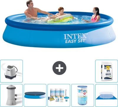 Intex Rond Opblaasbaar Easy Set Zwembad - 366 x 76 cm - Blauw - Inclusief Pomp - Afdekzeil - Onderhoudspakket - Filter - Grondzeil - Zoutwatersysteem - Zwembadzout - 8-delig