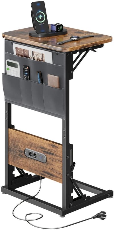 Bijzettafel-Salontafel Compacte bijzettafel met geïntegreerde stopcontact en USB-Opvouwbaar-(Bruin).