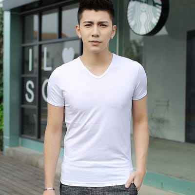 T-shirt d'été à manches courtes pour hommes, noir, col en V solide, coupe slim, demi-manches, bas, vêtements pour hommes M blanc