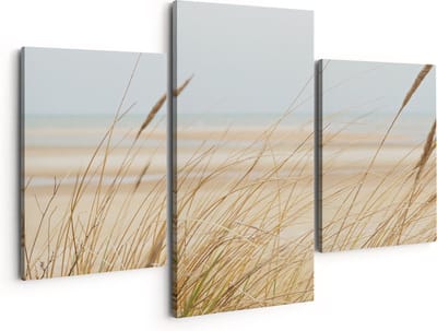 Artaza Canvas Schilderij Drieluik Strand en Zee met Begroeiing - 150x120 cm - Groot - Wanddecoratie Woonkamer - Schilderijen - Muurdecoratie