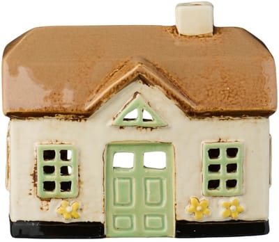 Ib Laursen - Keramieken Huisje Ebeltoft - Beige met groene ramen - Waxinelichthouder
