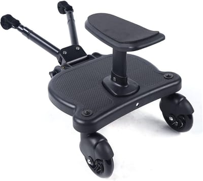 Buggy Board met Zitting voor Kinderwagen - Universele Treeplank met 360° Wielen, Afneembare Stoel, Stevig Draagvermogen tot 25 kg - Zwart