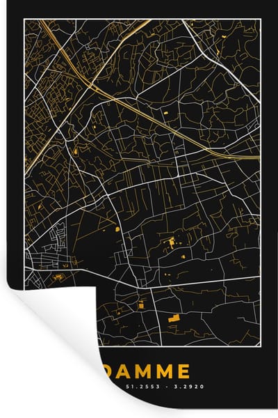 Muurstickers - Sticker Folie - Plattegrond - Kaart - Damme - Goud - Stadskaart - 20x30 cm - Plakfolie - Muurstickers Kinderkamer - Zelfklevend Behang - Zelfklevend behangpapier - Stickerfolie