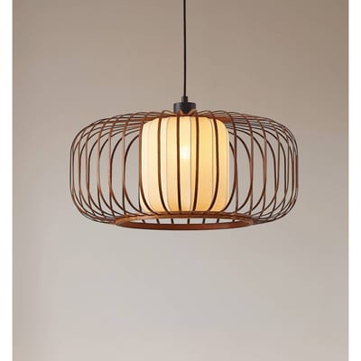 Lindby - Hanglamp - 1licht - Bamboe, textiel, metaal - H: 24.5 cm - E27 - Donker hout, beige
