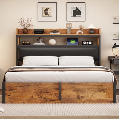 Tweepersoonsbed 180 x 200 cm - met USB-aansluiting - met zacht gestoffeerd hoofdeinde - met opbergruimte - zwart - zonder matras