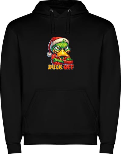 Zwarte unisex hoodie met “ Duck Off“ Print Full Color merk Roly maat L